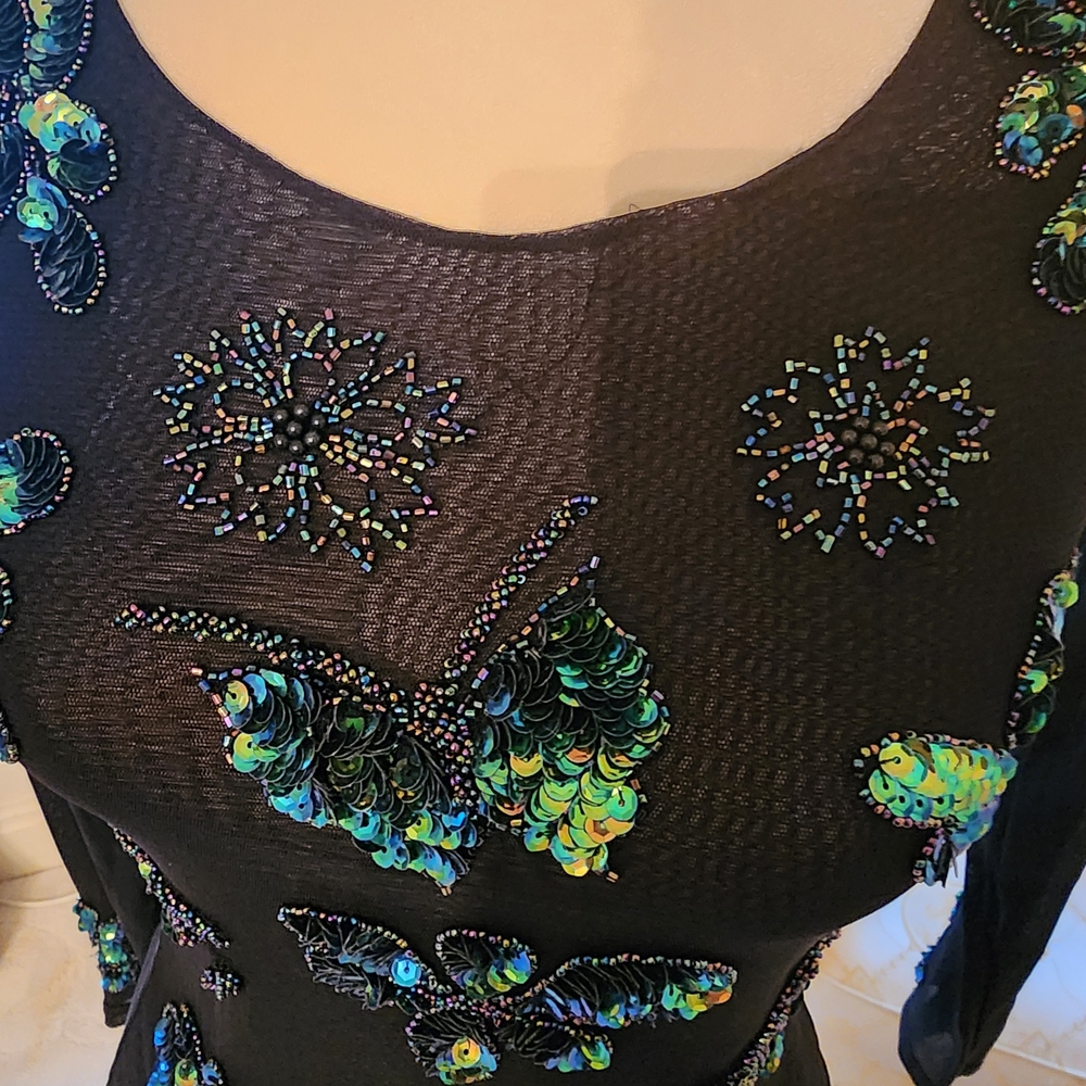Sheer Black Long Sleeve Top Adorned With Green Sequin Design - Picture 2 of 4